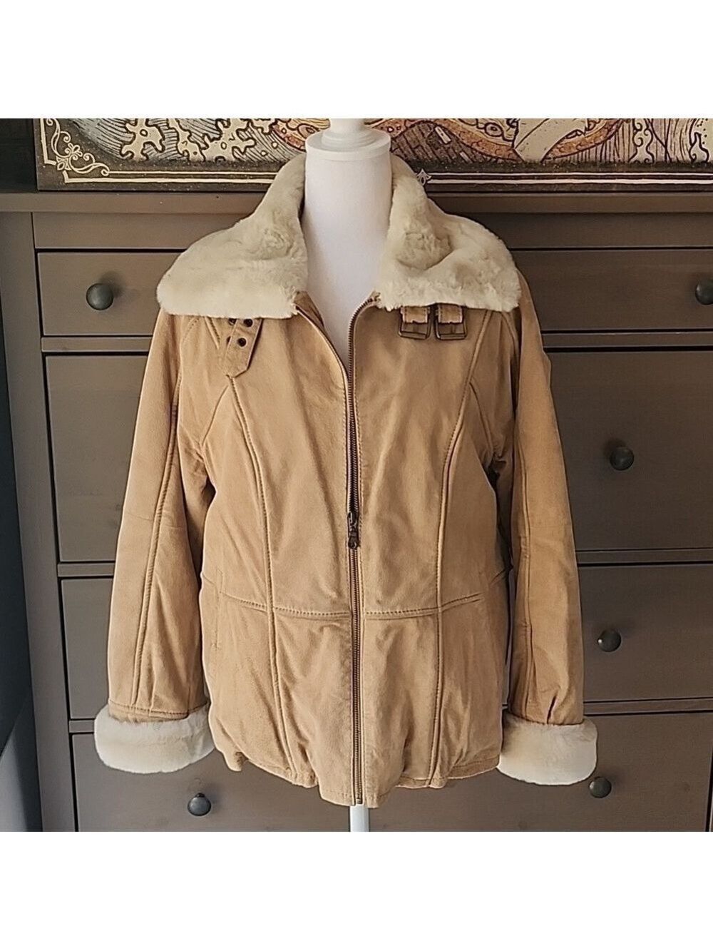 WILSONS LEATHER SAUDE  WOMENS BOMBER JACKET FUR LINED FUR COLLAR SIZE LARGE